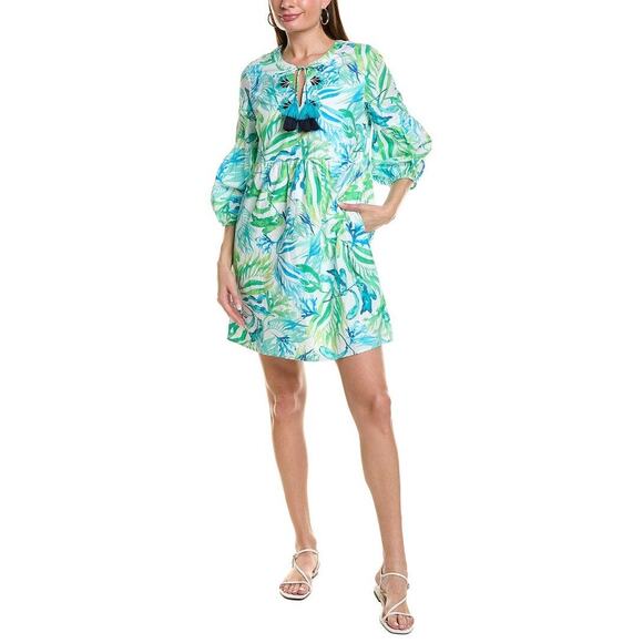Tommy Bahama Sea Fronds Split-Neck Mini Dress Summer A-Line Small Tropical Palm - Picture 2 of 8